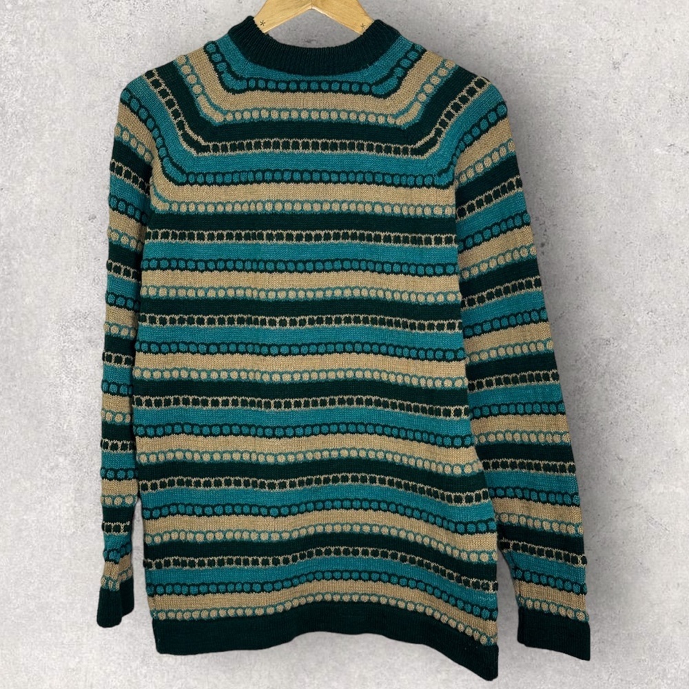 Vintage Wool Blend 3D Knit Sweater Pullover Green Teal Brown Stripe Large Zipper - Picture 8 of 11